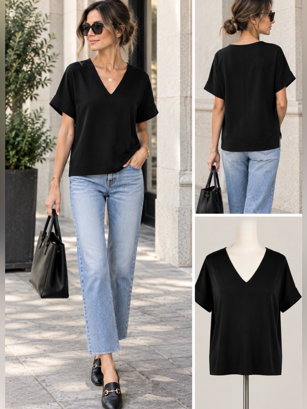 💥COS Black V-Neck Relaxed Oversized Stretch Top Turnback Cuff Sz XS 💛